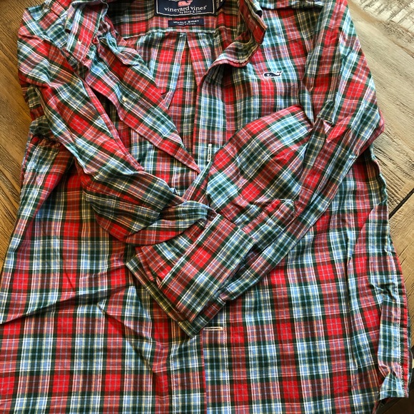 Vineyard Vines Boys Whale Shirt Button Up Long Sleeve Plaid Green Navy Sz S M